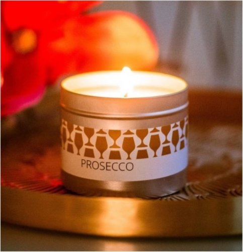 Svíčka v plechovce, Prosecco, dřevěný knot